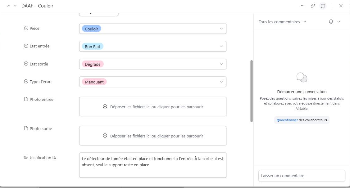 Fiche Airtable — états entrée et sortie, type d'écart