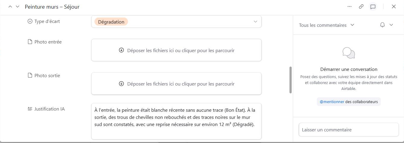Fiche de comparaison Airtable — justification rédigée par l'IA